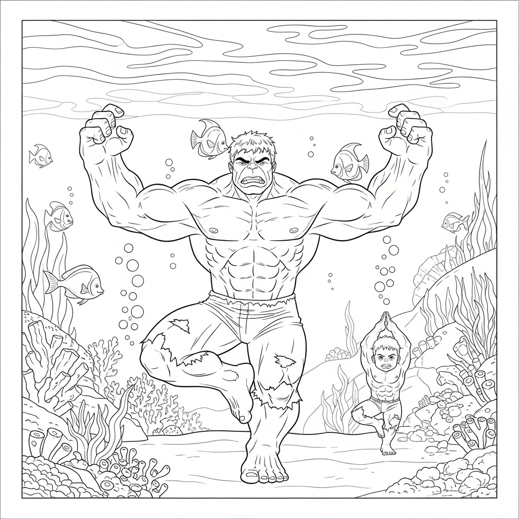 Desenho de Hulk para colorir praticando ioga entre peixes e corais
