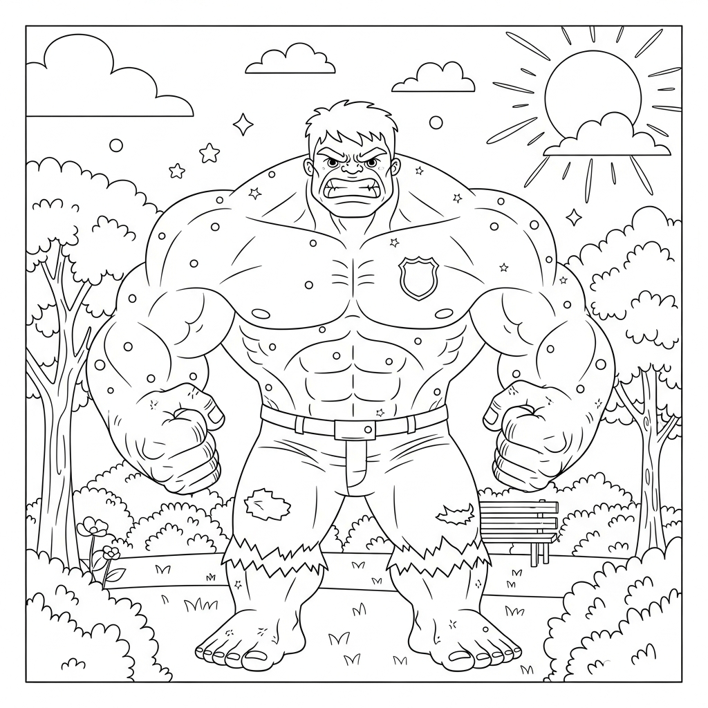 Desenho de Hulk para colorir vestido de policial no parque ensolarado com árvores.