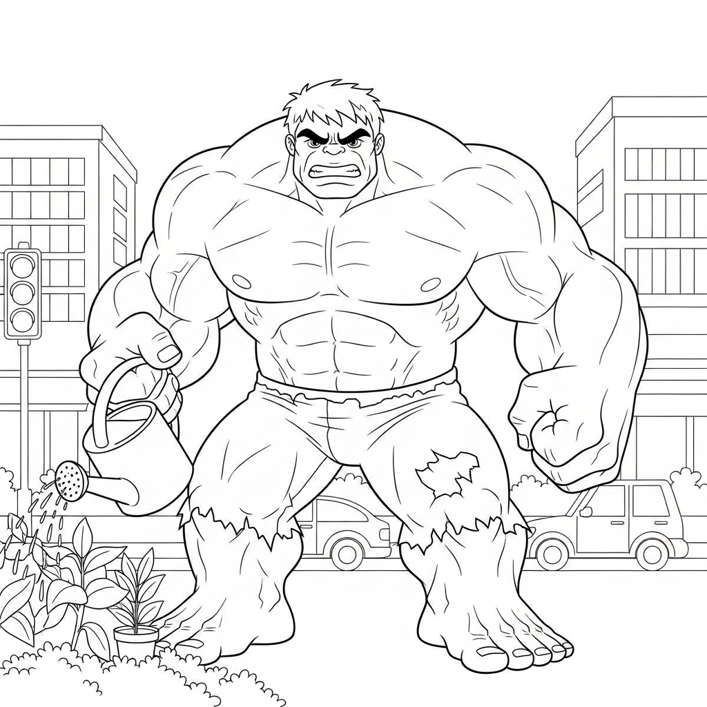 Desenho de Hulk para colorir regando plantas com regador na rua da cidade.