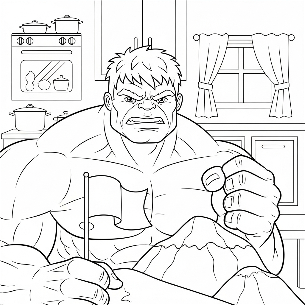 Desenho de Hulk para colorir plantando bandeira na montanha em cozinha com panelas