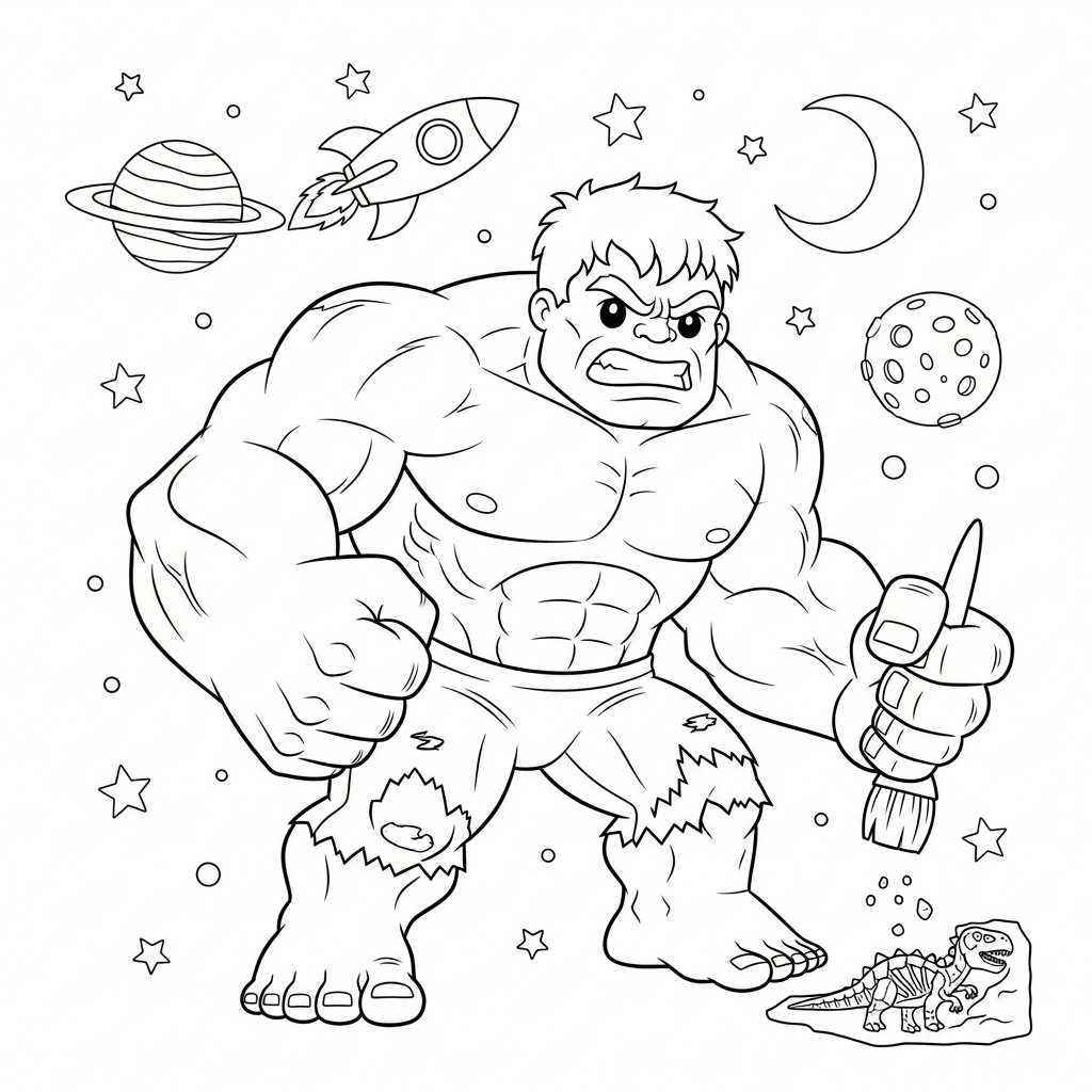 Desenho de Hulk para colorir descobrindo fóssil de dinossauro no espaço
