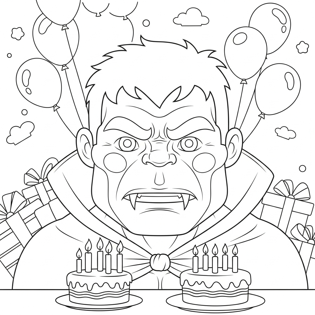 Desenho de Hulk para colorir vestido de vampiro fofinho em festa de aniversário.