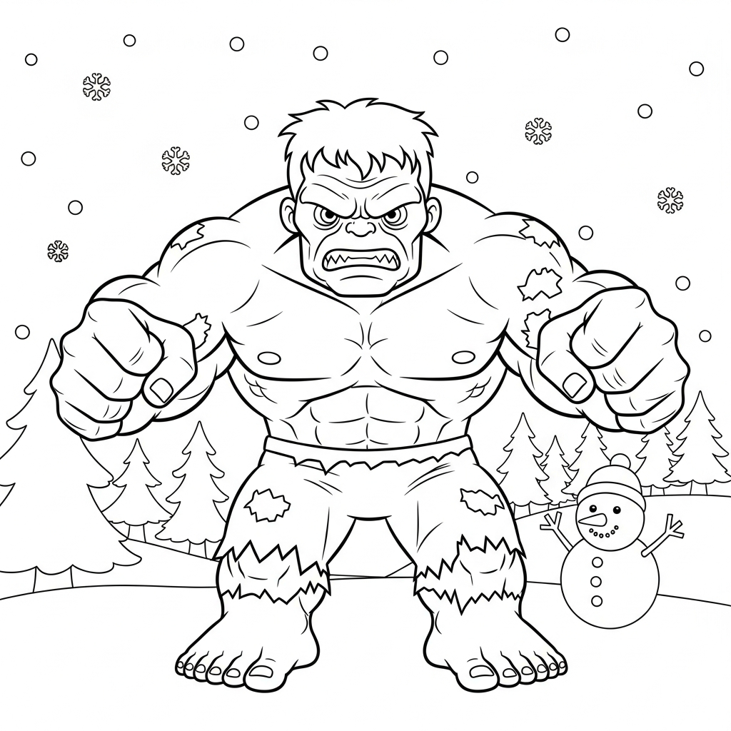 Desenho de Hulk para colorir vestido de zumbi engraçado em paisagem nevada com pinheiros