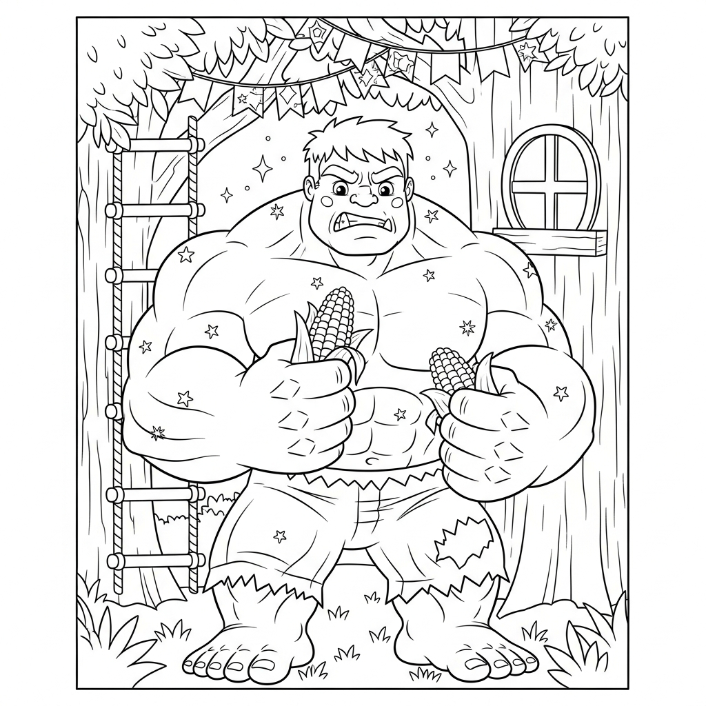 Desenho de Hulk para colorir comendo milho na espiga em casa na árvore