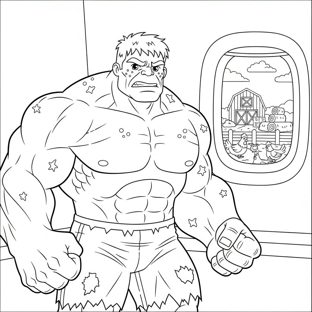Desenho de Hulk para colorir dentro de avião com janela e fazenda com celeiro