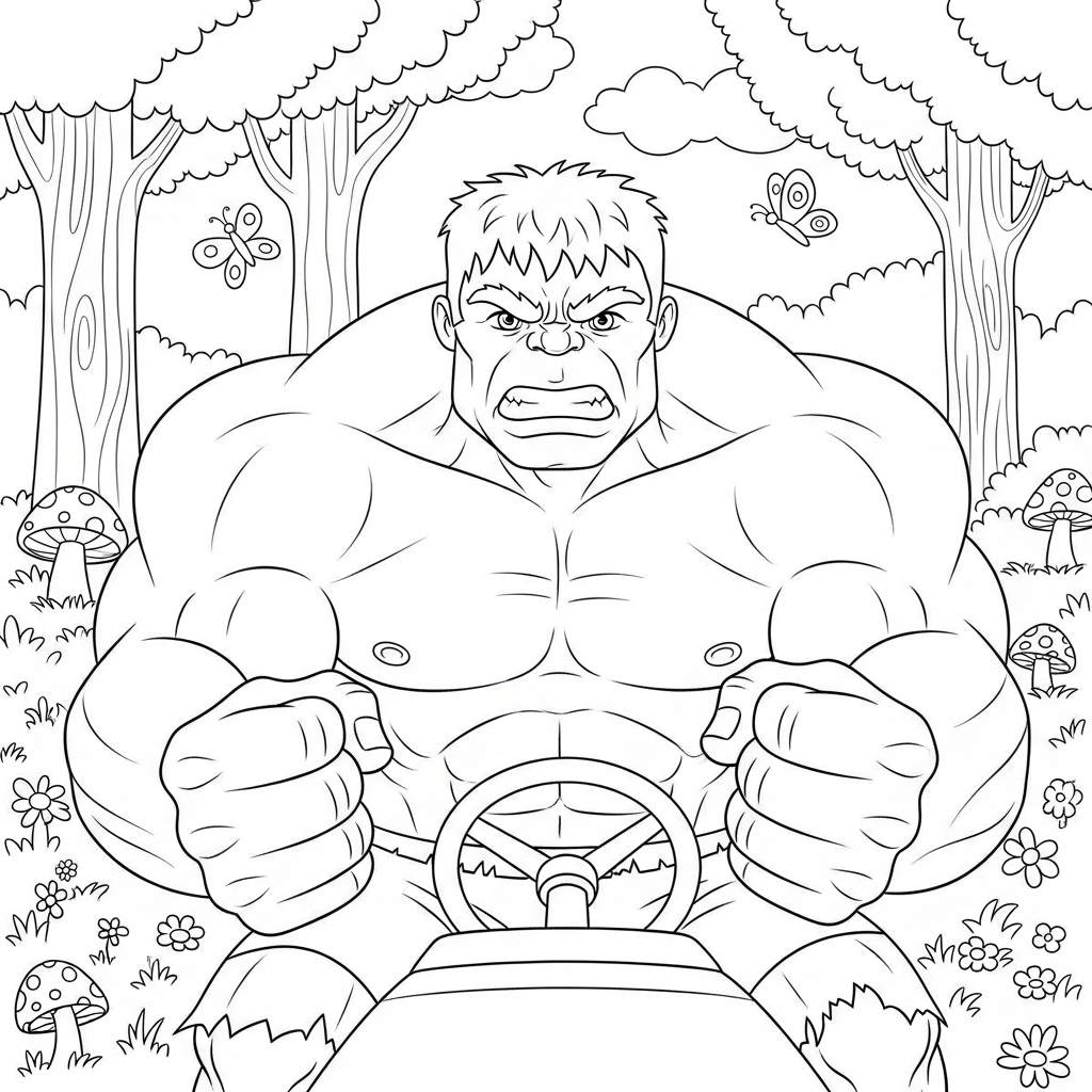 Desenho de Hulk para colorir dirigindo trator no campo, com floresta, cogumelos e borboletas.