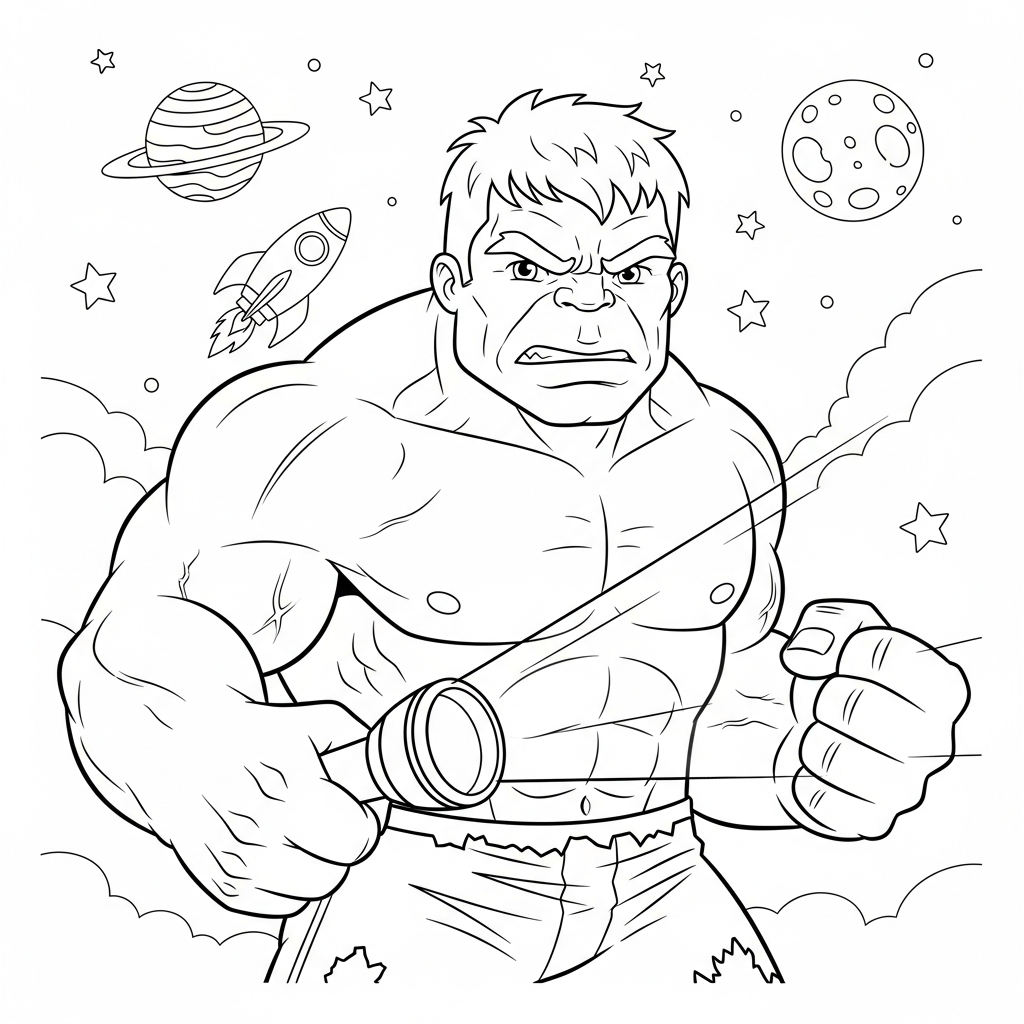 Desenho de Hulk para colorir segurando lanterna, com planetas e foguete no espaço.