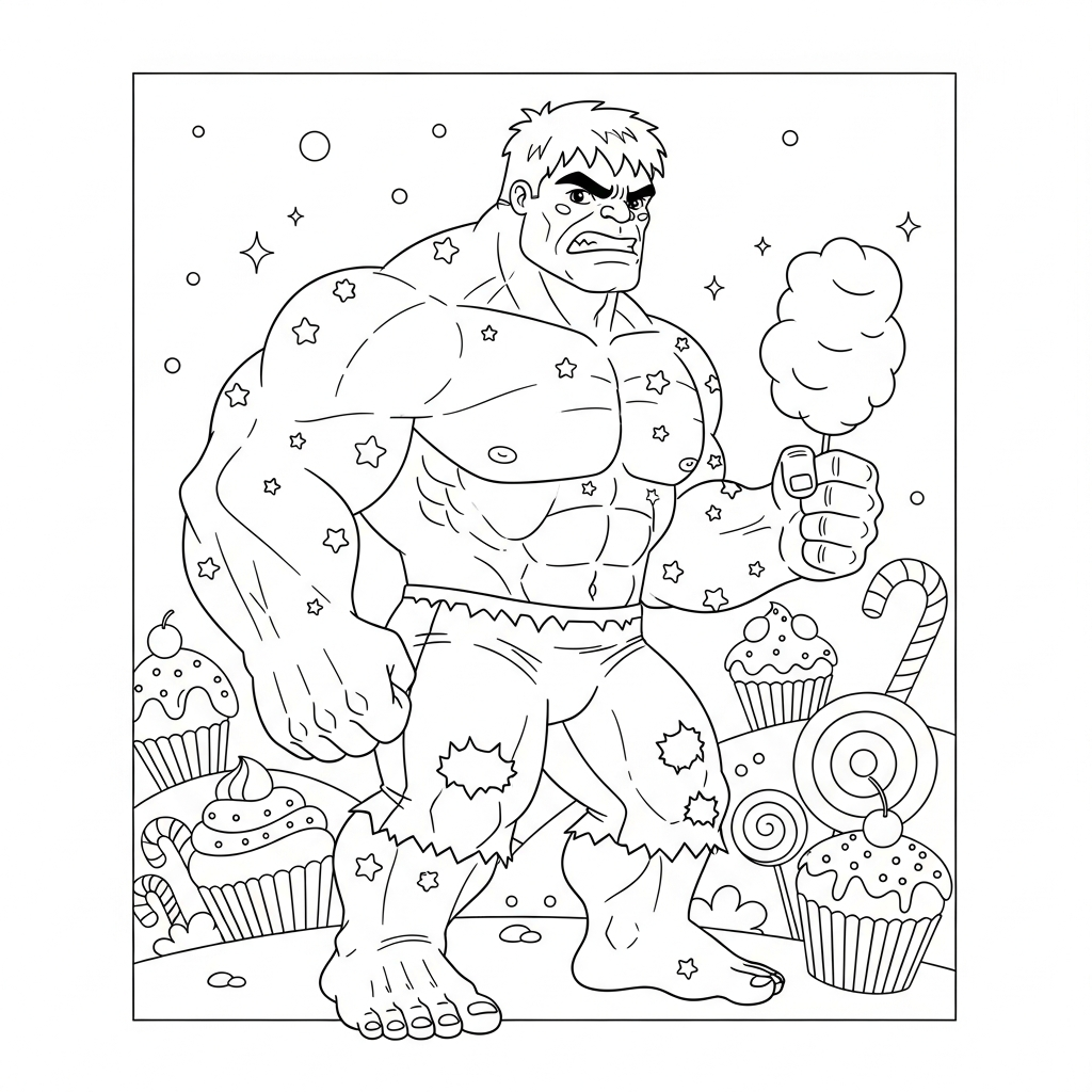 Desenho de Hulk para colorir segurando algodão doce na terra dos doces