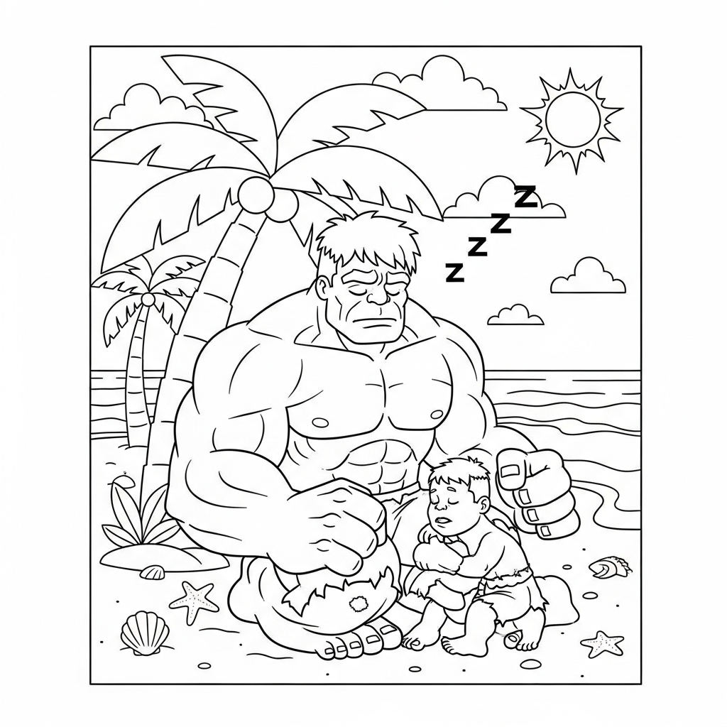 Desenho de Hulk para colorir dormindo embaixo de árvore na praia com palmeiras