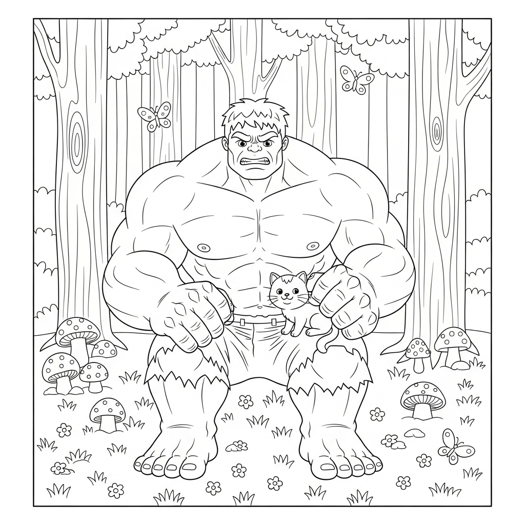 Desenho de Hulk para colorir acariciando gato no colo na floresta com cogumelos.