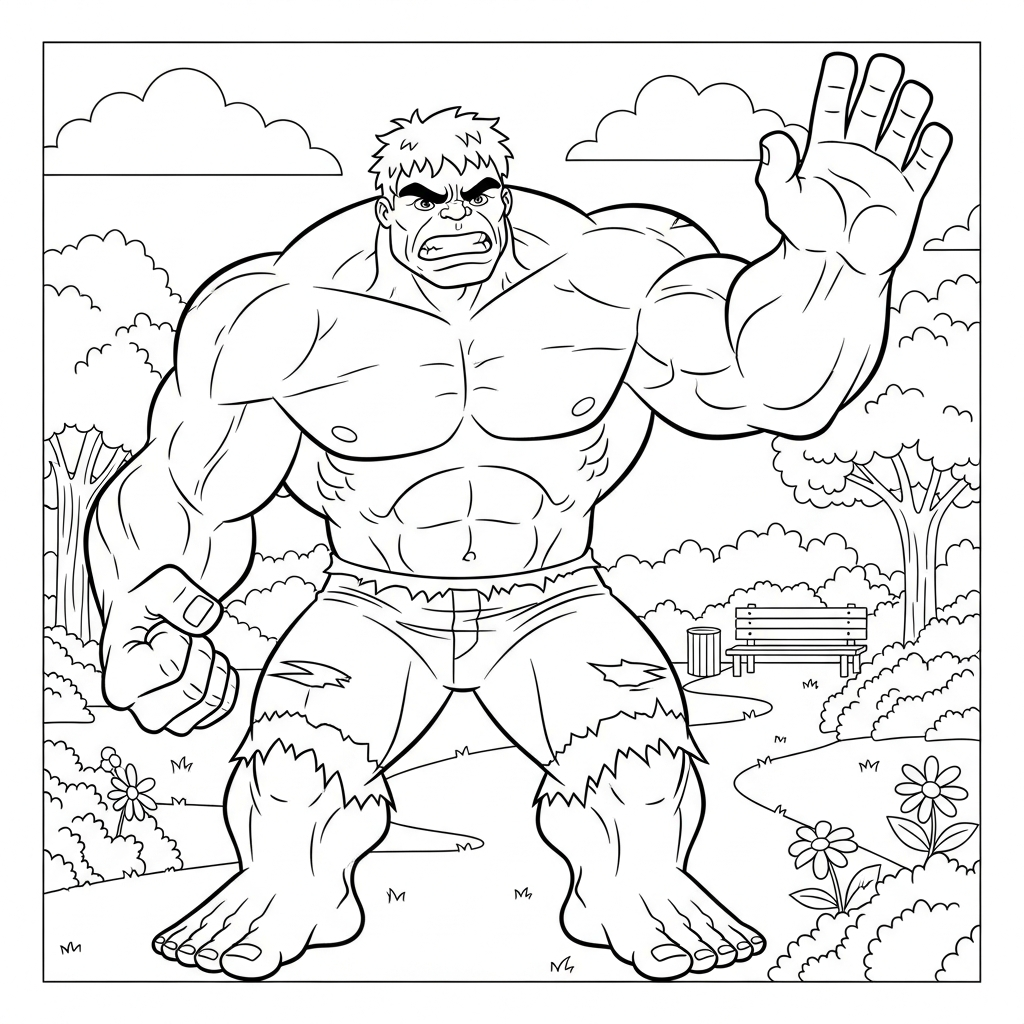 Desenho de Hulk para colorir dando high-five em parque ensolarado com árvores