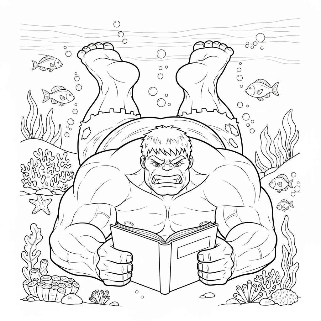 Desenho de Hulk para colorir deitado lendo no fundo do mar com corais.