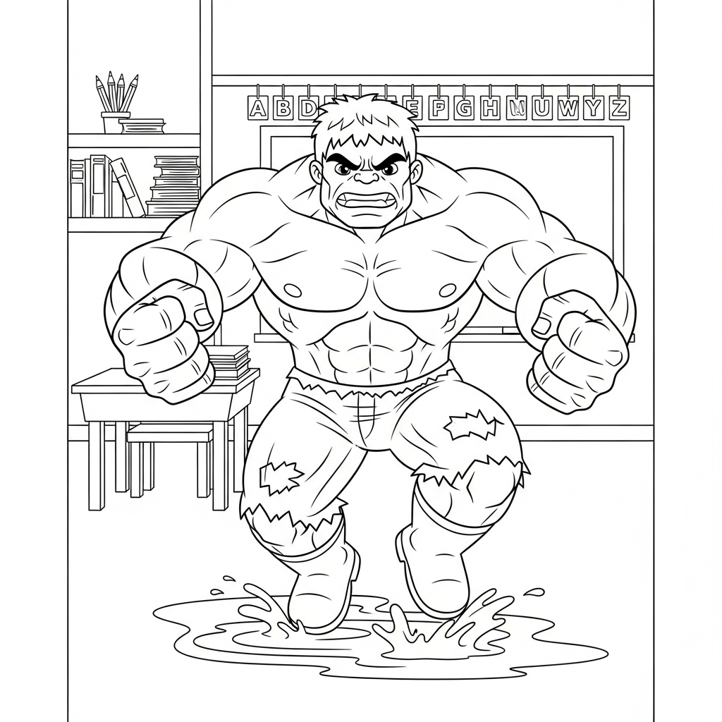 Desenho de Hulk para colorir pulando em poça d'água com botinha na sala de aula.