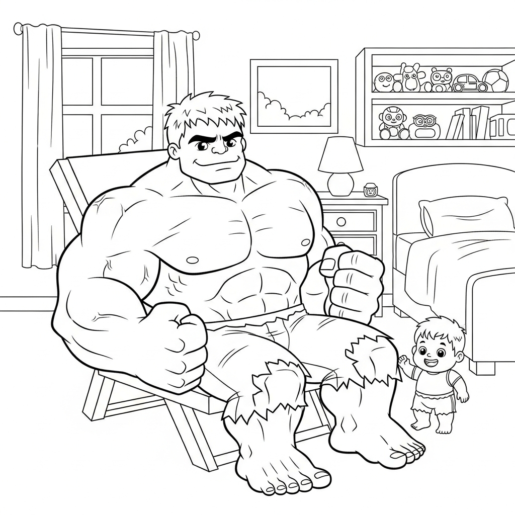 Desenho de Hulk para colorir descansando em cadeira de praia no quarto com cama e brinquedos.