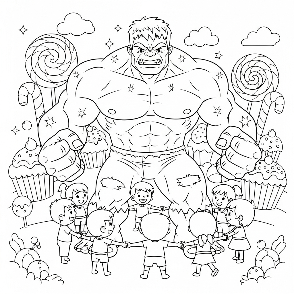 Desenho de Hulk para colorir brincando de roda com amiguinhos na terra dos doces