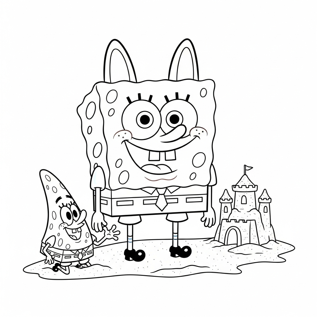 Desenho de Bob Esponja para colorir construindo um castelo de areia
