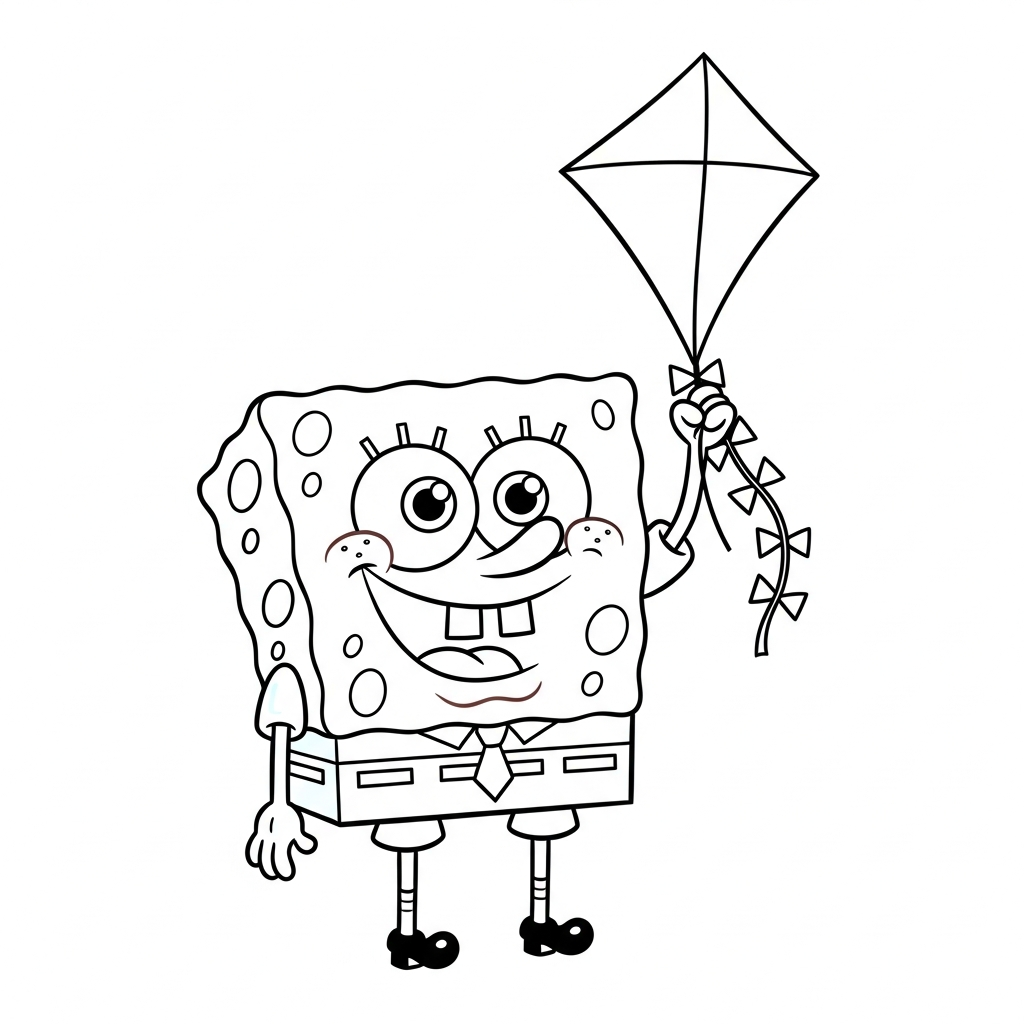 Desenho de bob esponja para colorir segurando pipa ao vento com conchinha.