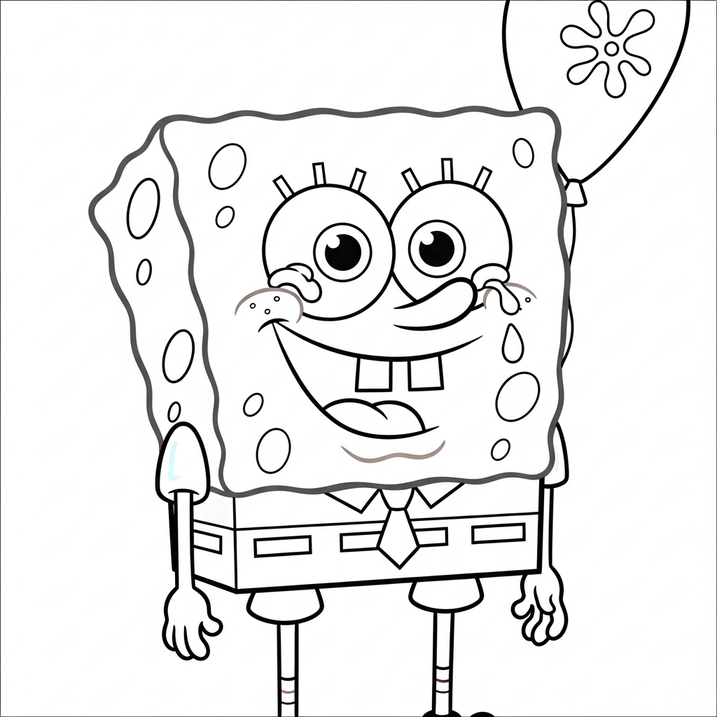 Desenho de Bob Esponja para colorir chorando com lágrimas grandes ao lado de uma concha.