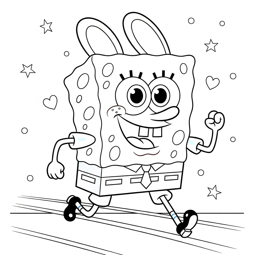 Desenho de Bob Esponja para colorir correndo em pista com estrelinhas e corações