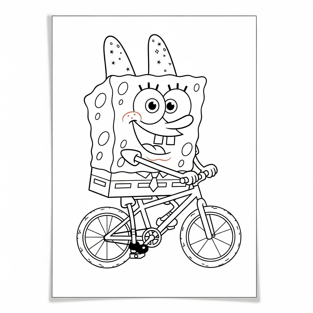 Desenho de Bob Esponja para colorir pedalando uma bicicleta de montanha