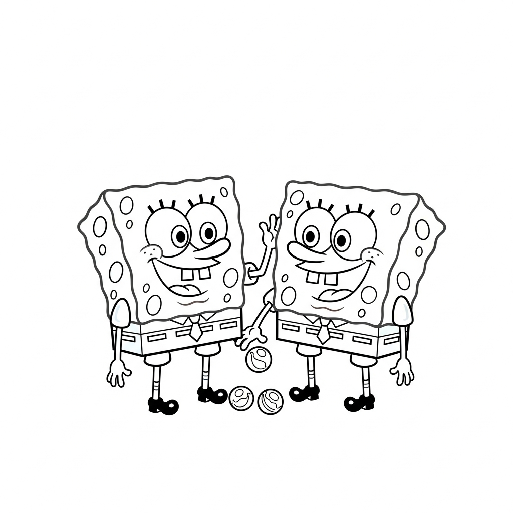 Desenho de Bob Esponja para colorir jogando bolinhas de gude no chão.