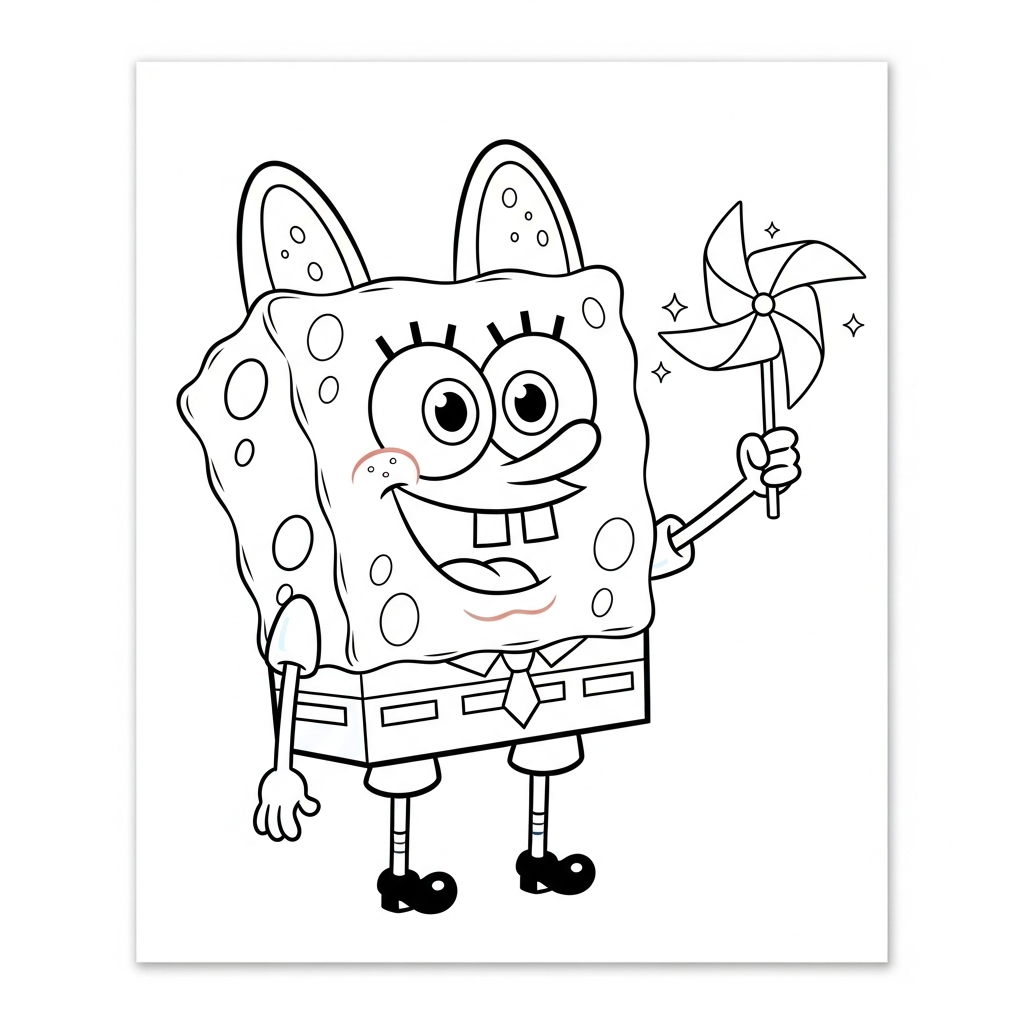 Desenho de Bob Esponja para colorir brincando com cata-vento ao vento