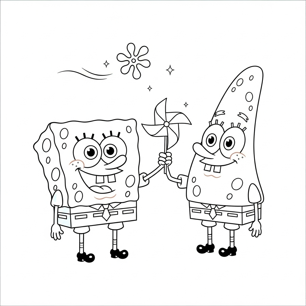 Desenho de Bob Esponja para colorir brincando com cata-vento ao vento