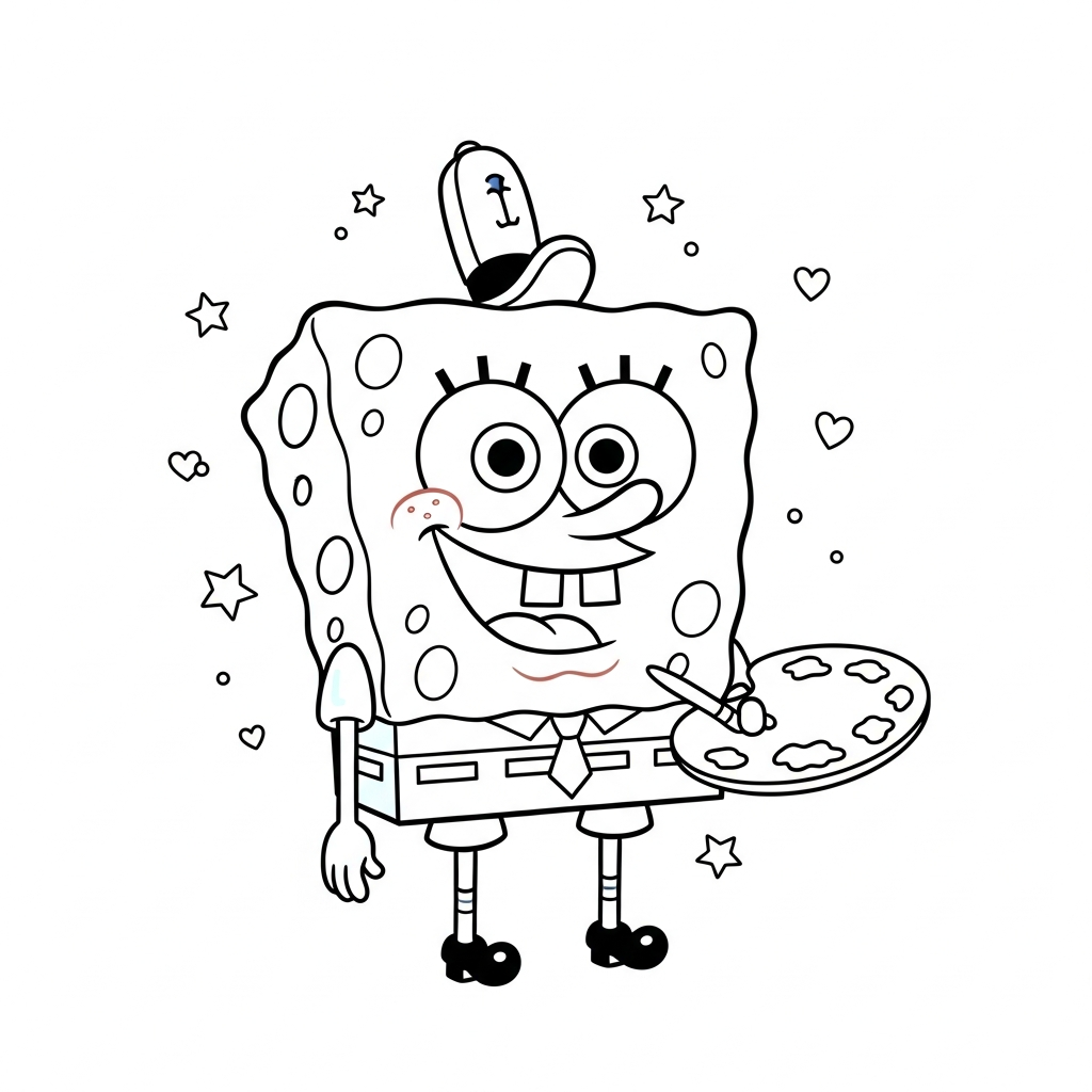 Desenho de bob esponja para colorir vestido de pintor com paleta, estrelinhas e corações.