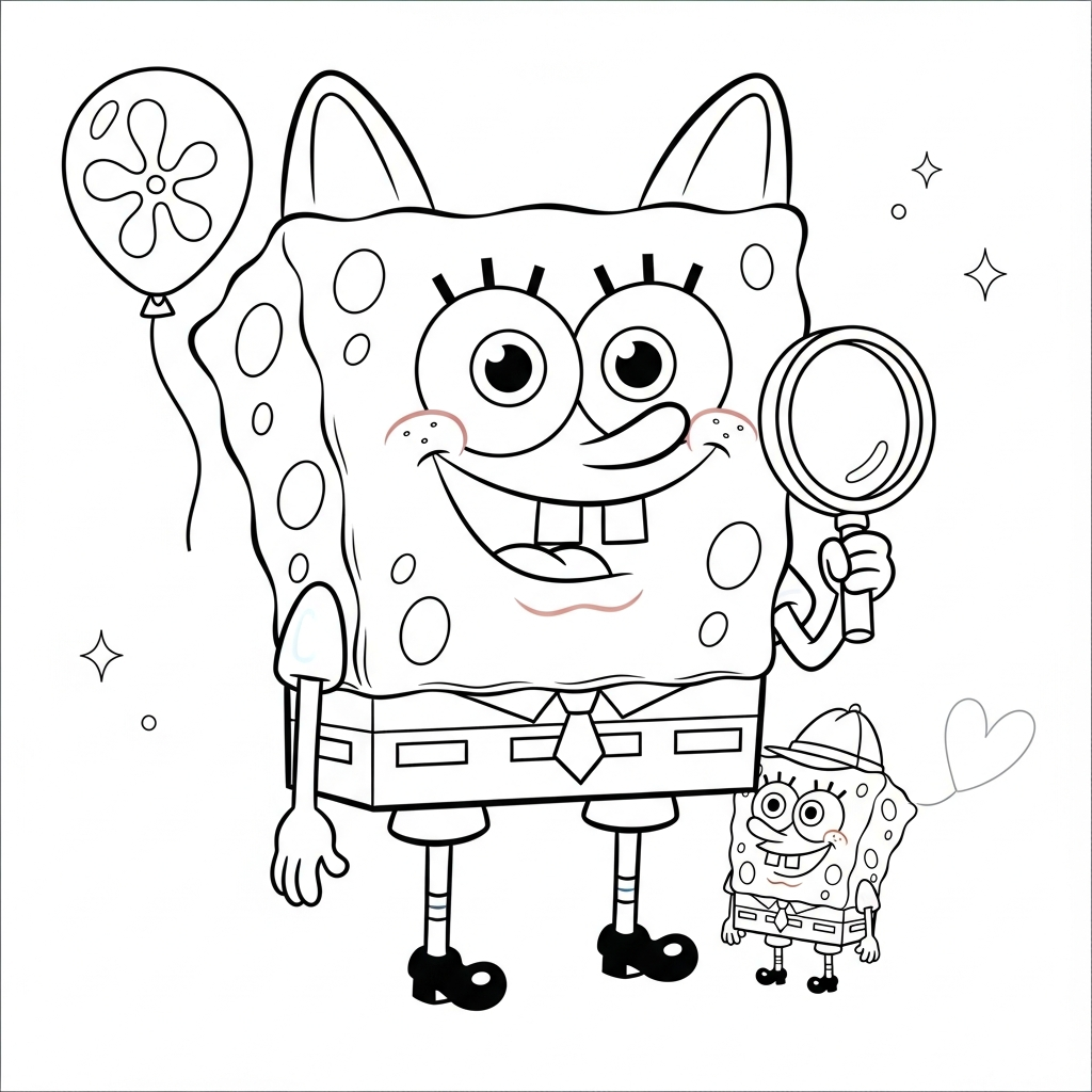Desenho de Bob Esponja para colorir vestido de detetive com lupa e concha pequena
