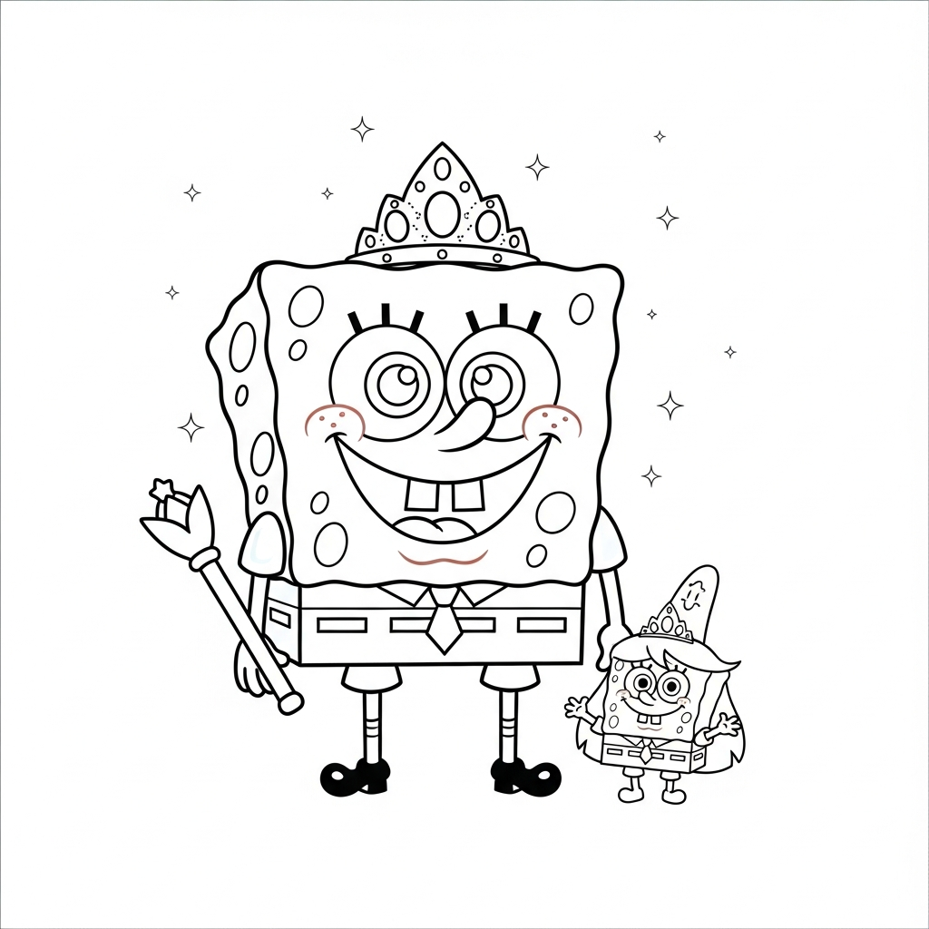 Desenho de Bob Esponja para colorir vestido de princesa com tiara e cetro