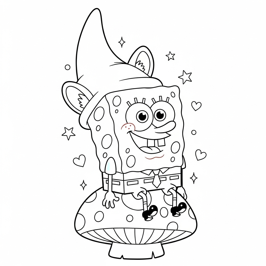 Desenho de Bob Esponja para colorir vestido de duende sentado em cogumelo com estrelinhas e corações