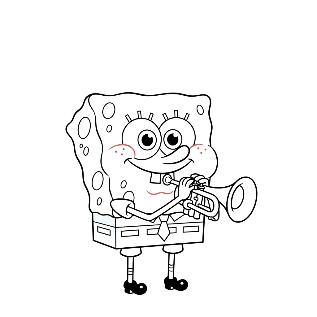 Desenho de Bob Esponja para colorir tocando trompete com bochechas contornadas
