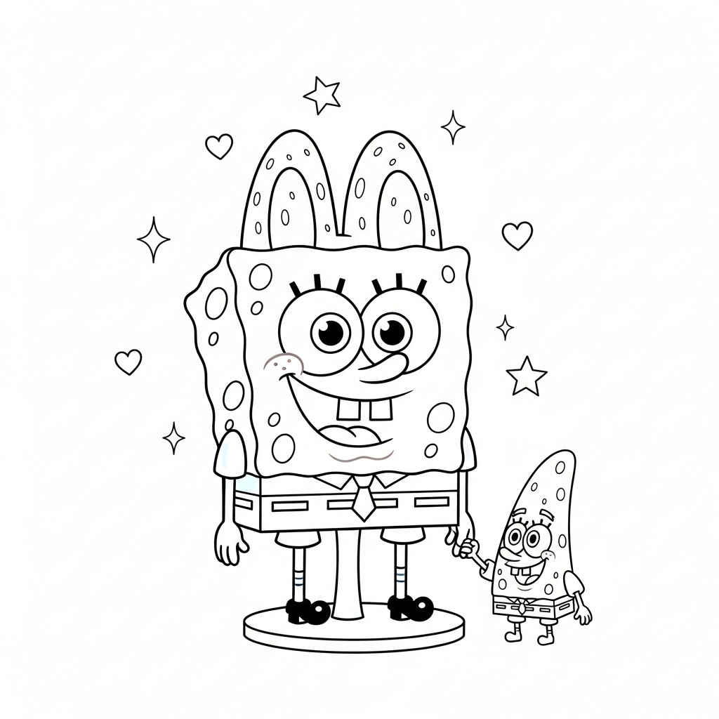 Desenho de Bob-Esponja para colorir fazendo escultura em argila com estrelinhas e corações