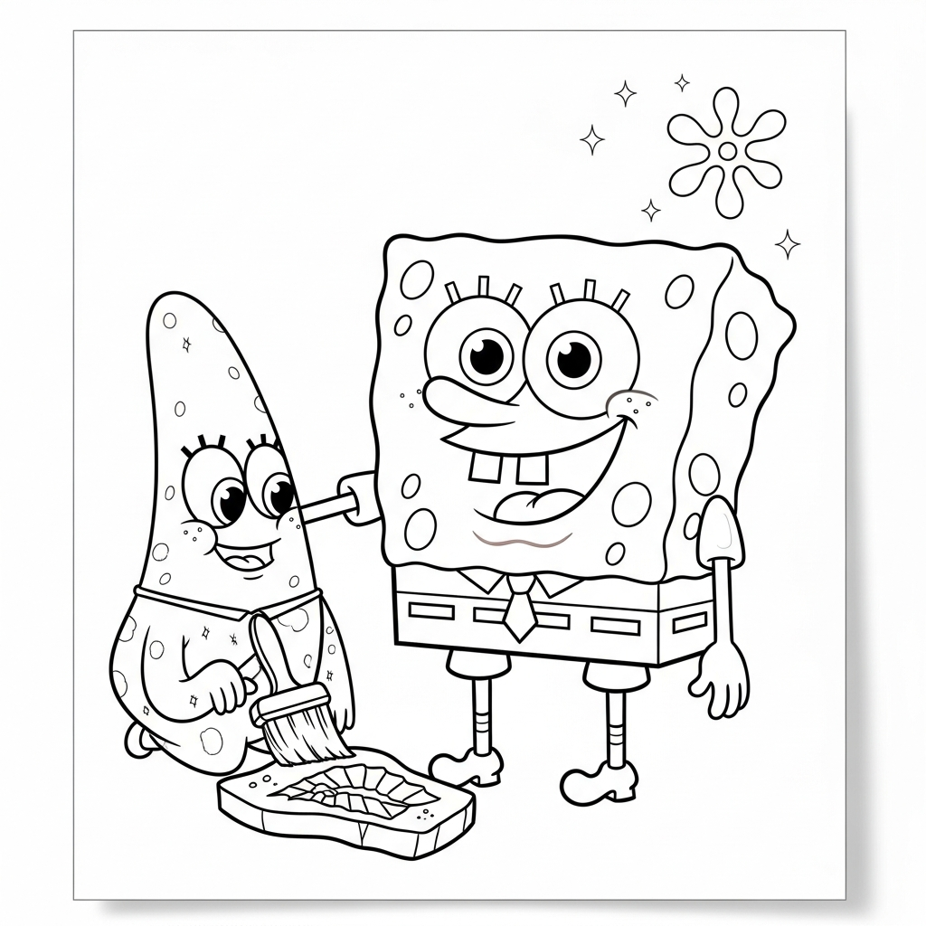 Desenho de Bob Esponja para colorir descobrindo fóssil de dinossauro com pincel
