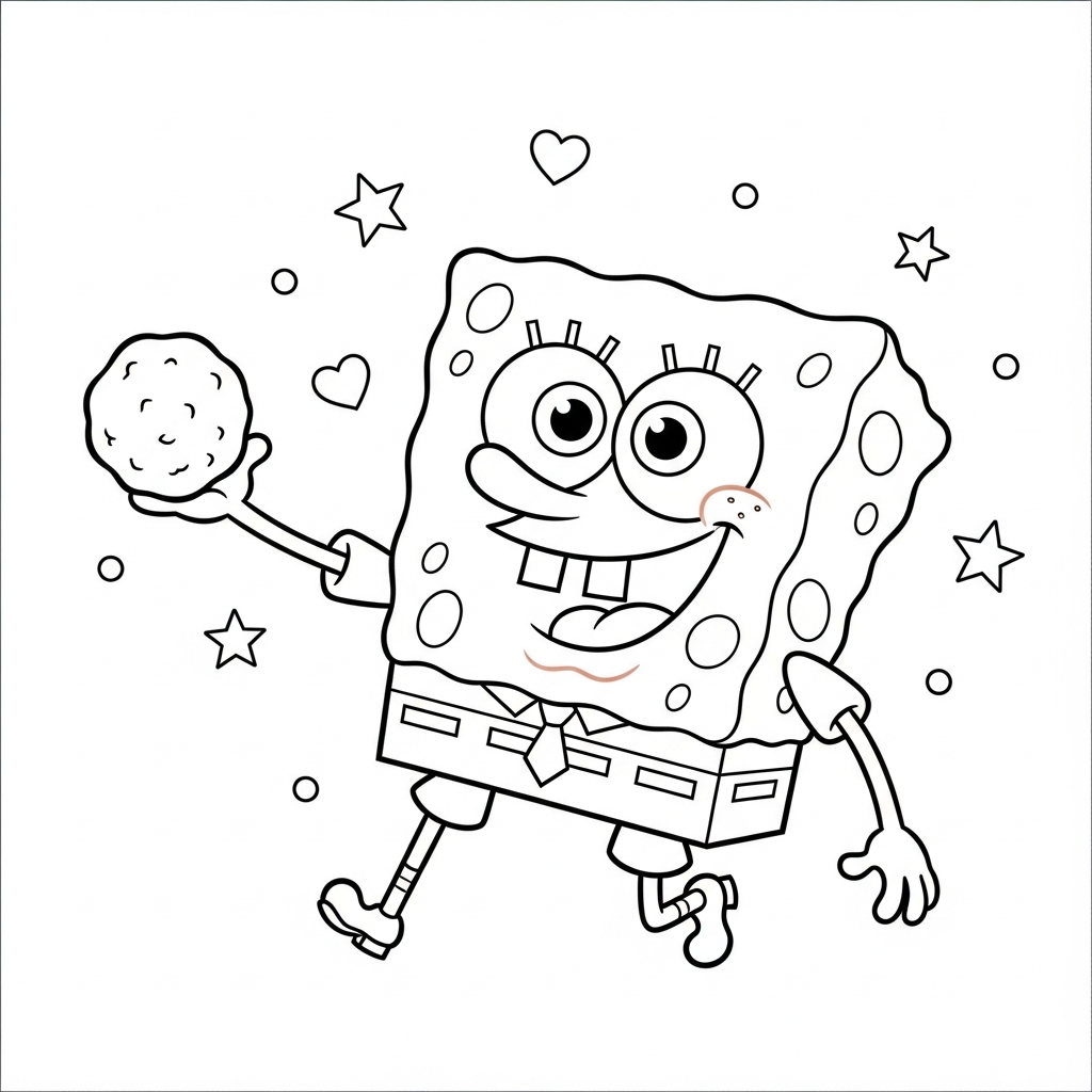 Desenho de Bob Esponja para colorir jogando bola de neve no amigo com estrelinhas e corações.