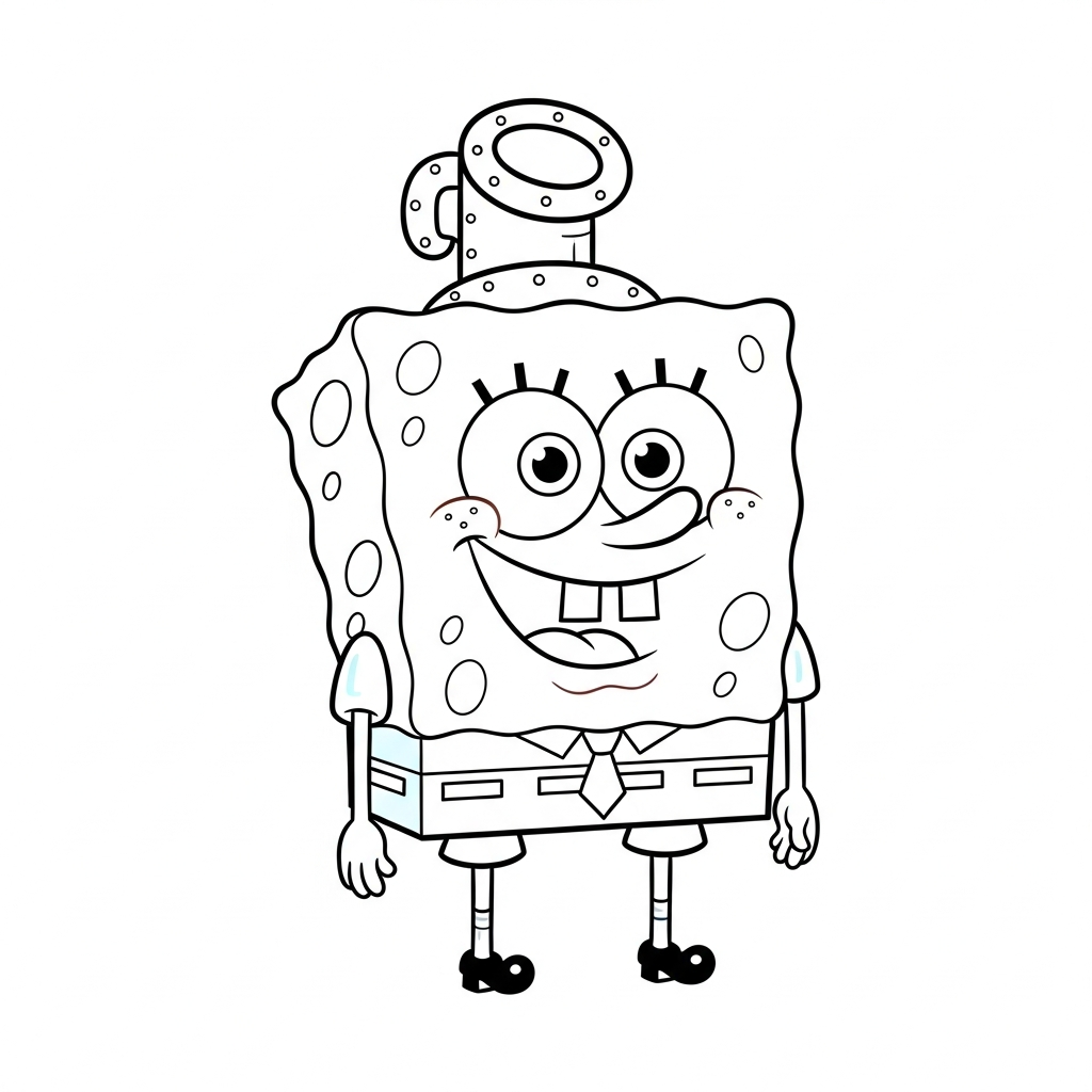Desenho de bob esponja para colorir dirigindo submarino com periscópio sorridente