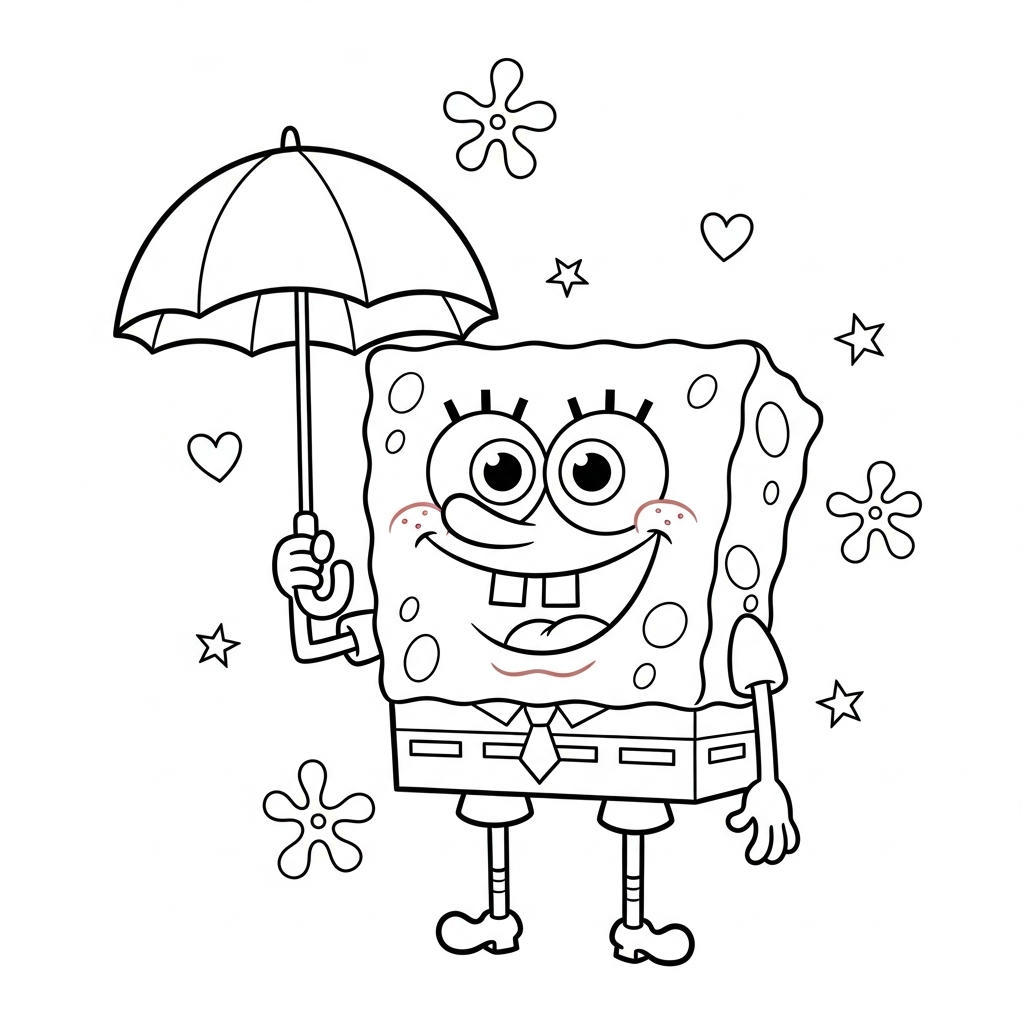 Desenho de Bob Esponja para colorir segurando guarda-chuva com estrelinhas e corações.