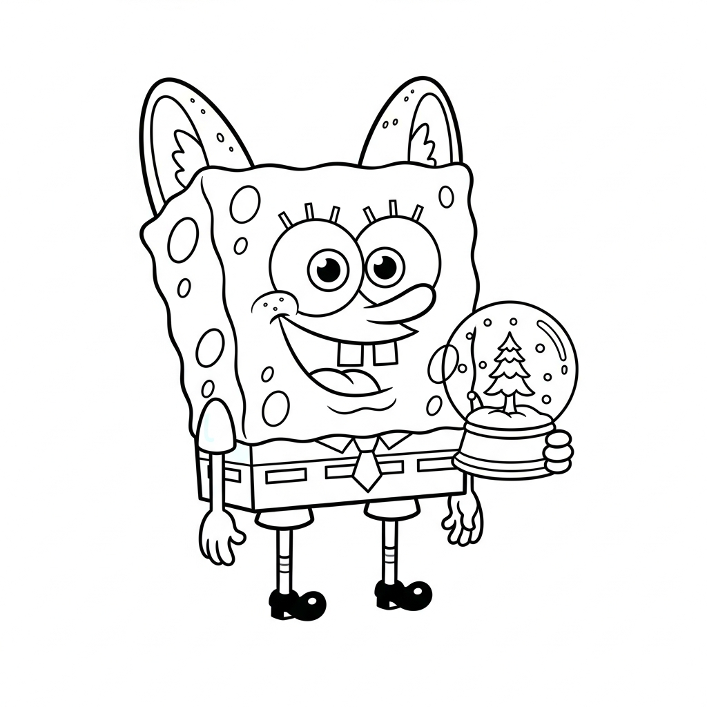 Desenho de Bob Esponja para colorir segurando globo de neve com flocos