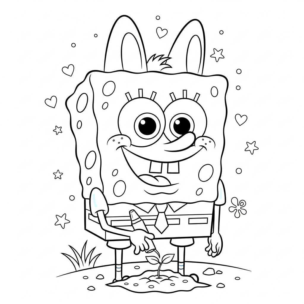 Desenho de bob esponja para colorir plantando semente no canteiro com estrelinhas e corações