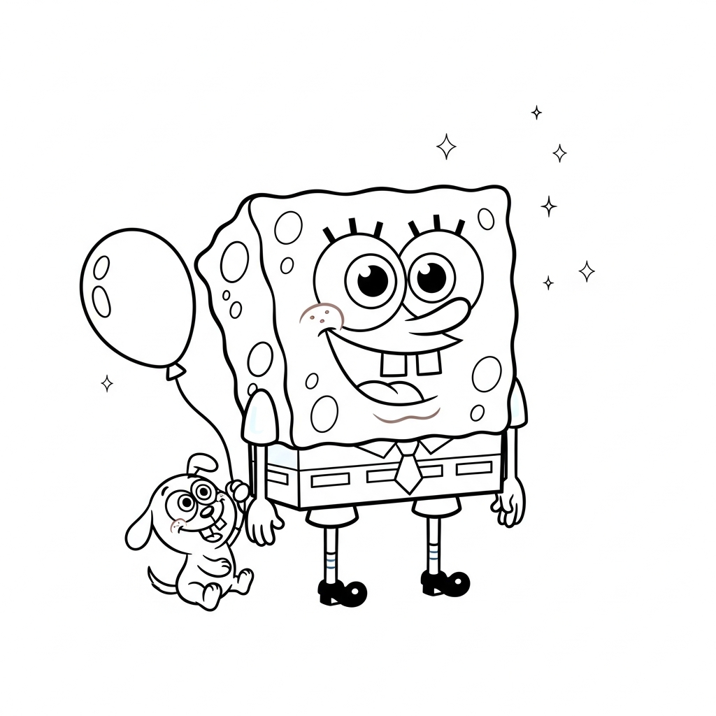 Desenho de bob esponja para colorir brincando com cachorro pulando perto de uma bola