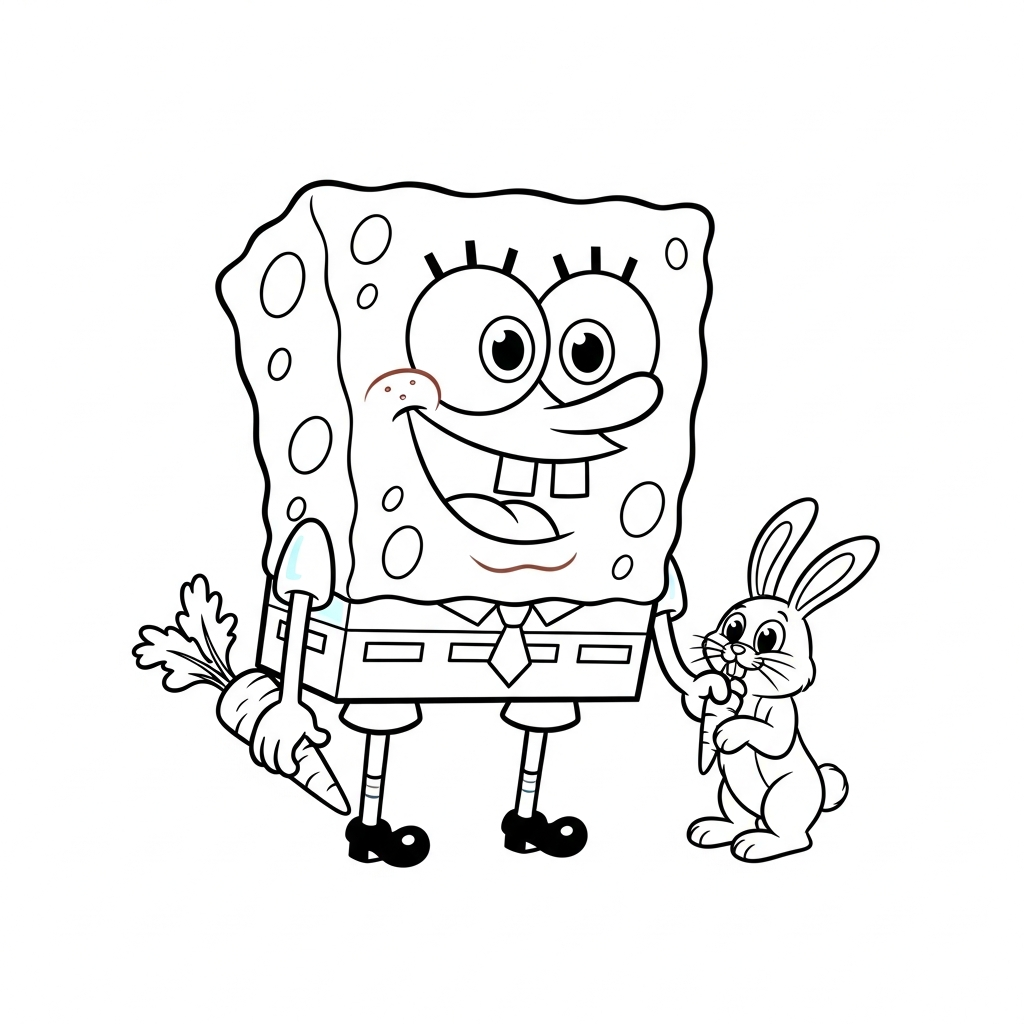 Desenho de bob esponja para colorir alimentando um coelho com cenoura