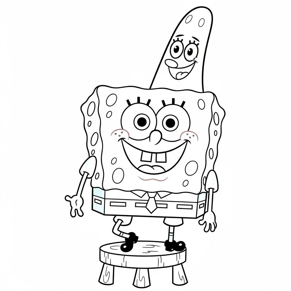 Desenho de bob esponja para colorir subindo em um banco baixo com balde.