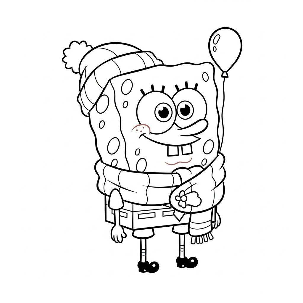 Desenho de Bob Esponja para colorir agasalhado com cachecol, gorro e estrela pequena.