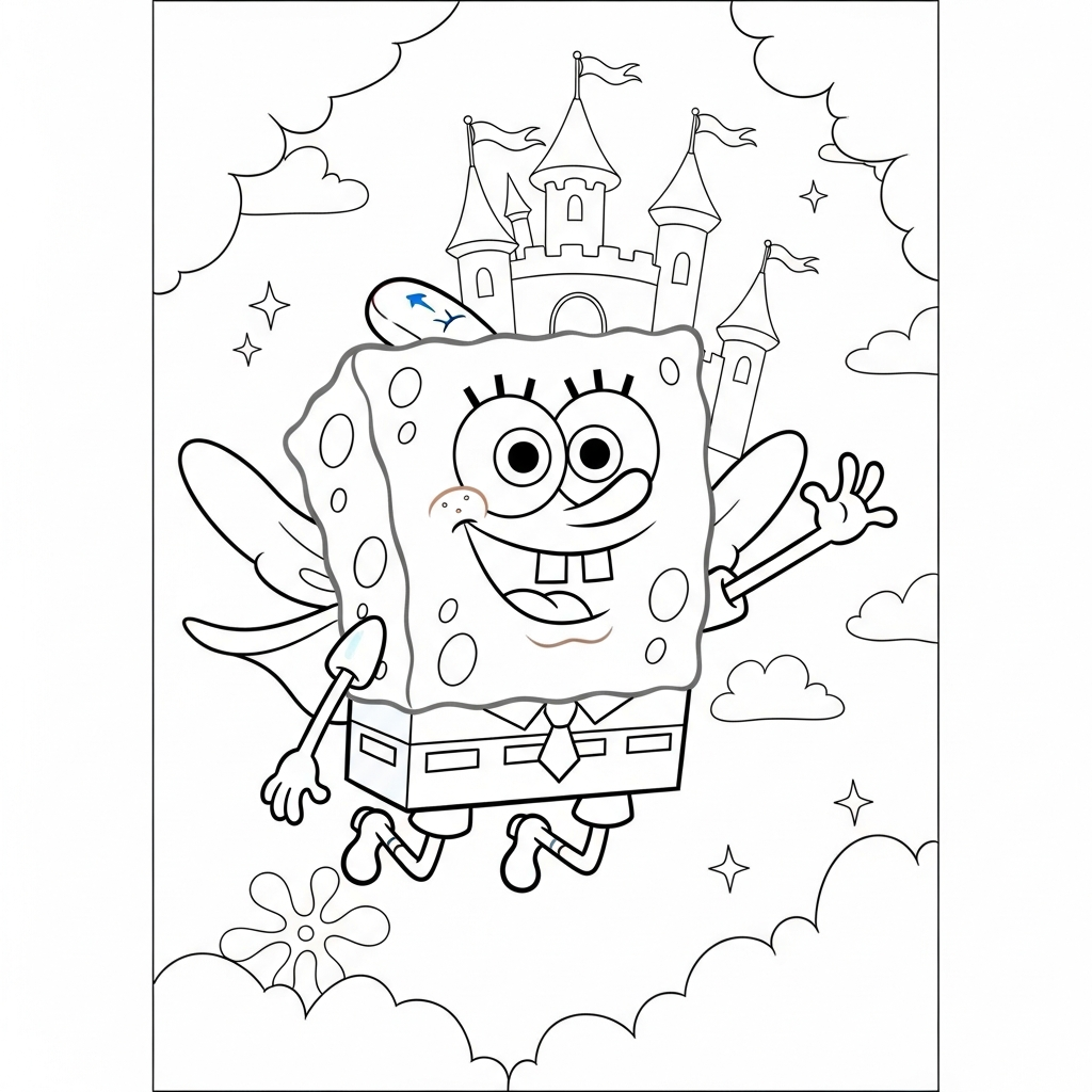 Desenho de Bob Esponja para colorir voando com capa diante de castelo encantado
