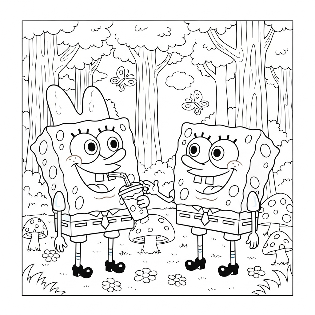 Desenho de Bob Esponja para colorir bebendo em copo com canudo na floresta.