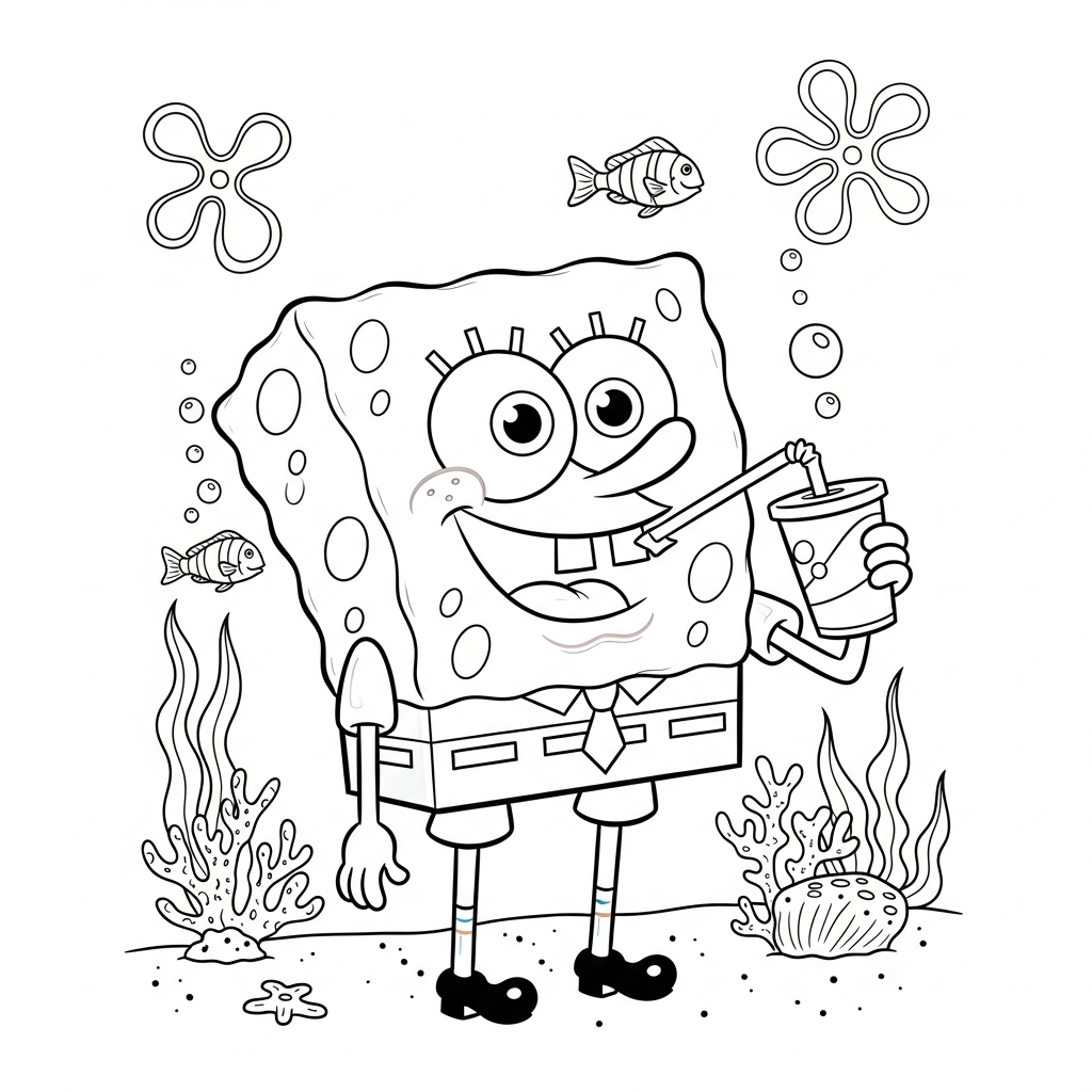 Desenho de Bob Esponja para colorir bebendo em copo com canudo no fundo do mar