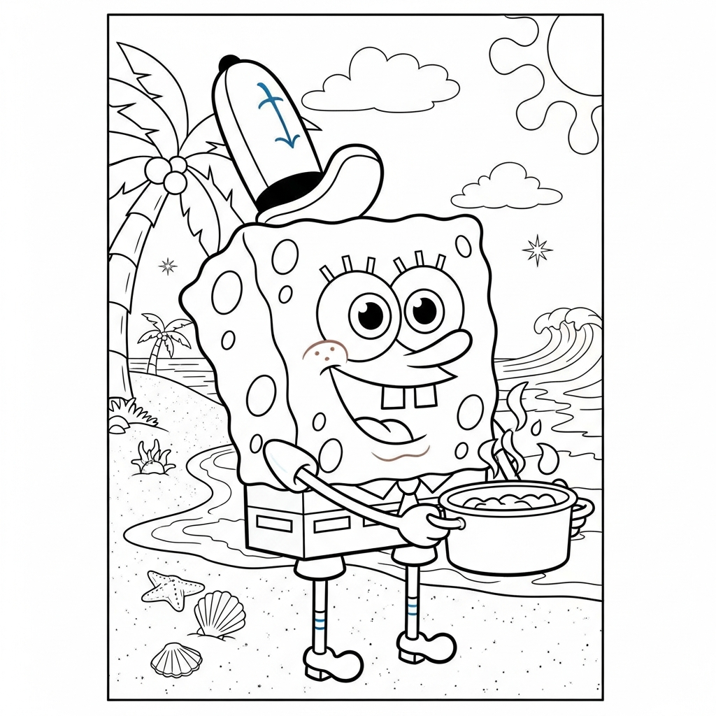 Desenho de bob esponja para colorir usando chapéu de chef e cozinhando na praia com palmeiras.