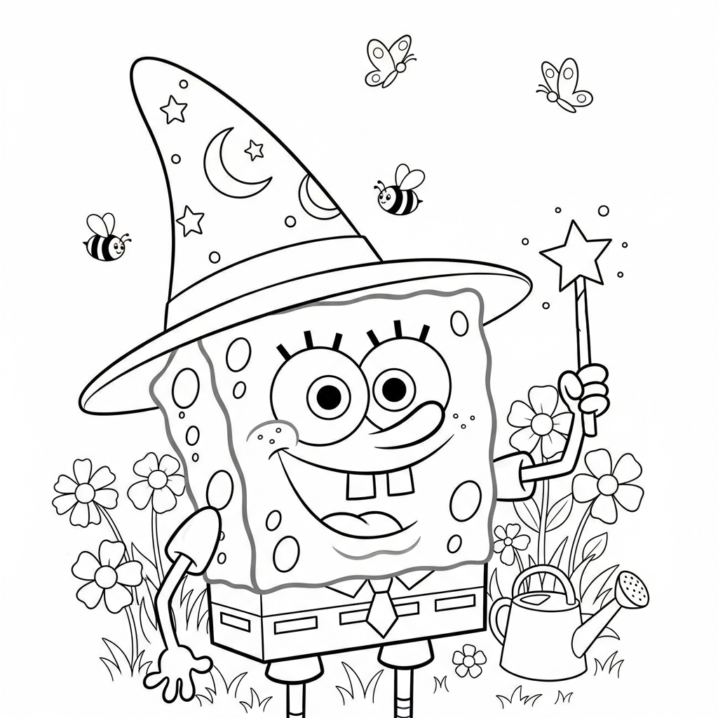 Desenho de Bob Esponja para colorir usando chapéu de mago no jardim.