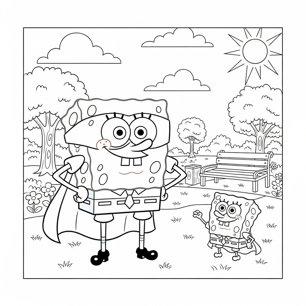 Desenho de bob esponja para colorir usando capa no parque ensolarado com árvores.