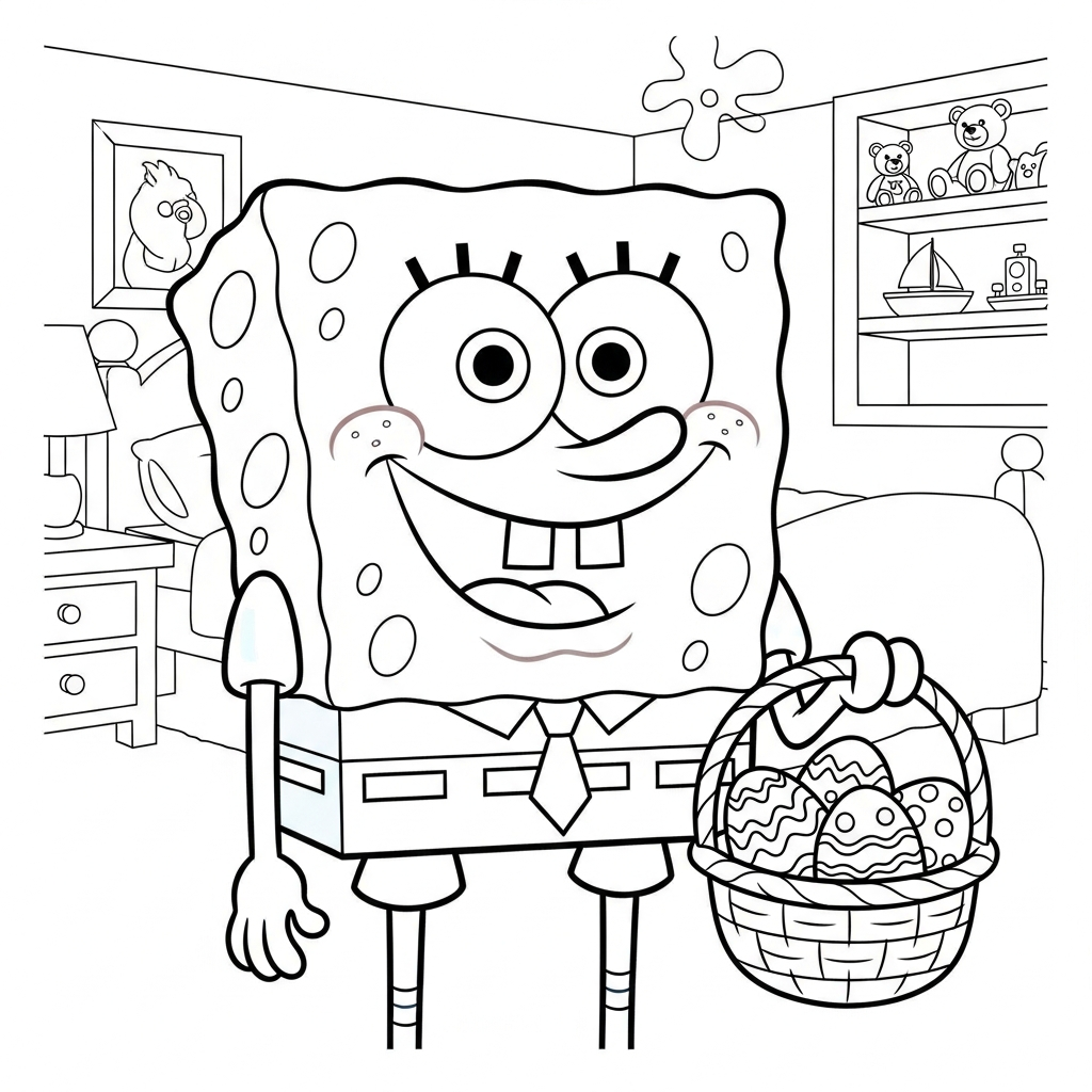 Desenho de Bob Esponja para colorir segurando cesta de Páscoa no quarto.